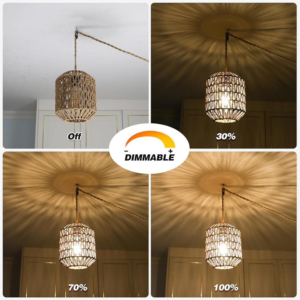 Plug In Pendant Light, 15FT Hemp Rope Cord,Hanging Lights With Plug In Cord Dimmable Rattan Hanging Lamp Wicker Woven Basket Lampshade, Industrial Plug In Ceiling Light Fixture For Kitchen (brown) - Grand Goldman