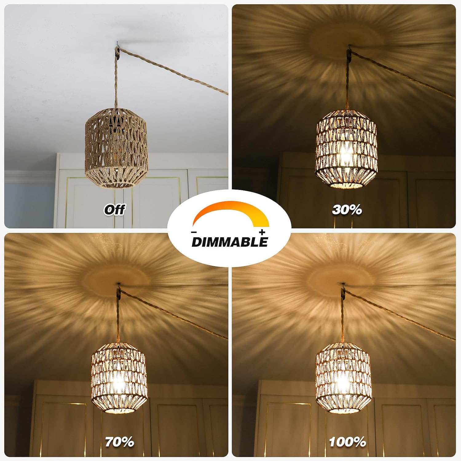 Plug In Pendant Light, 15FT Hemp Rope Cord,Hanging Lights With Plug In Cord Dimmable Rattan Hanging Lamp Wicker Woven Basket Lampshade, Industrial Plug In Ceiling Light Fixture For Kitchen (brown) - Grand Goldman