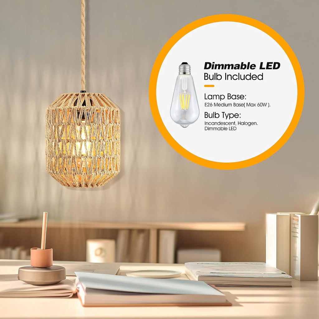 Plug In Pendant Light, 15FT Hemp Rope Cord,Hanging Lights With Plug In Cord Dimmable Rattan Hanging Lamp Wicker Woven Basket Lampshade, Industrial Plug In Ceiling Light Fixture For Kitchen (brown) - Grand Goldman