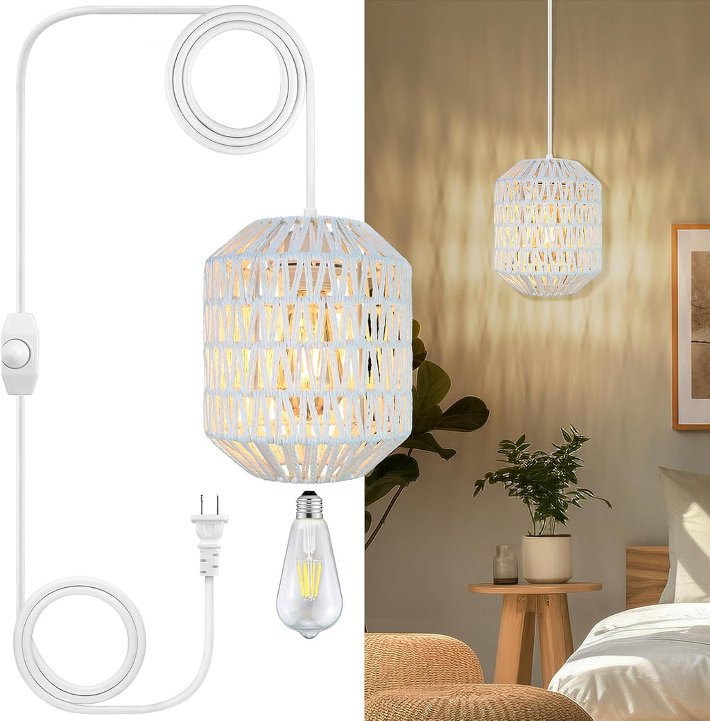 Plug In Pendant Light, 15FT Hemp Rope Cord,Hanging Lights With Plug In Cord Dimmable Rattan Hanging Lamp Wicker Woven Basket Lampshade, Industrial Plug In Ceiling Light Fixture For Kitchen (brown) - Grand Goldman