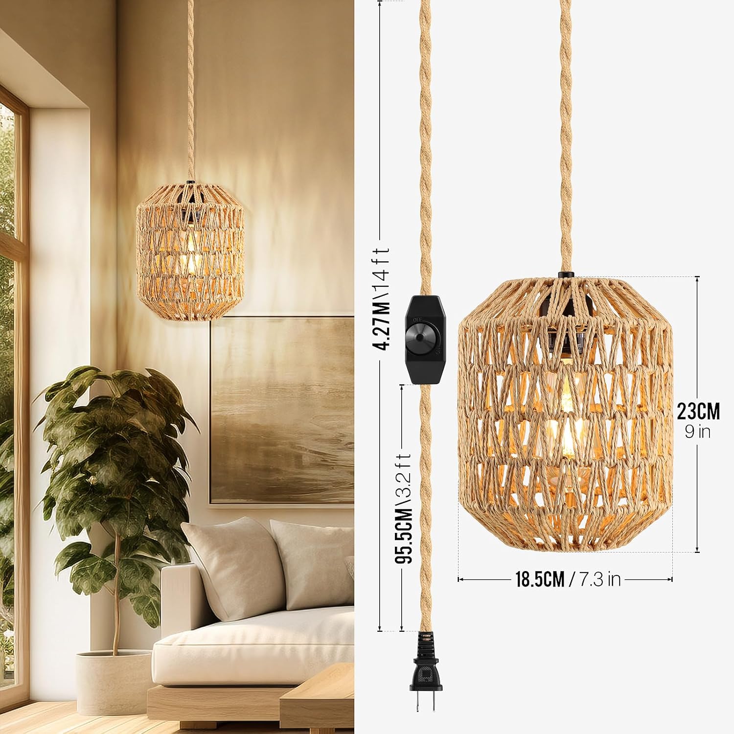 Plug In Pendant Light, 15FT Hemp Rope Cord,Hanging Lights With Plug In Cord Dimmable Rattan Hanging Lamp Wicker Woven Basket Lampshade, Industrial Plug In Ceiling Light Fixture For Kitchen (brown) - Grand Goldman