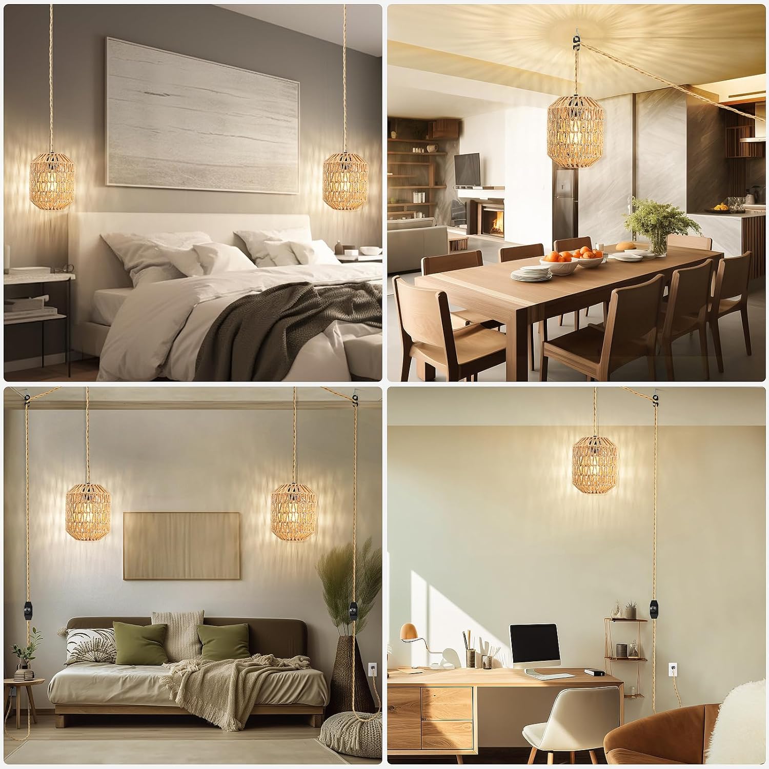 Plug In Pendant Light, 15FT Hemp Rope Cord,Hanging Lights With Plug In Cord Dimmable Rattan Hanging Lamp Wicker Woven Basket Lampshade, Industrial Plug In Ceiling Light Fixture For Kitchen (brown) - Grand Goldman