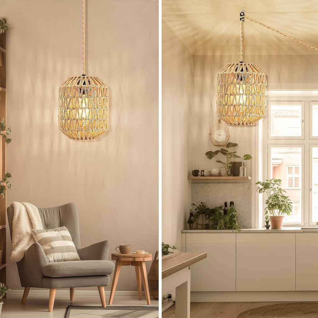 Plug In Pendant Light, 15FT Hemp Rope Cord,Hanging Lights With Plug In Cord Dimmable Rattan Hanging Lamp Wicker Woven Basket Lampshade, Industrial Plug In Ceiling Light Fixture For Kitchen (brown) - Grand Goldman