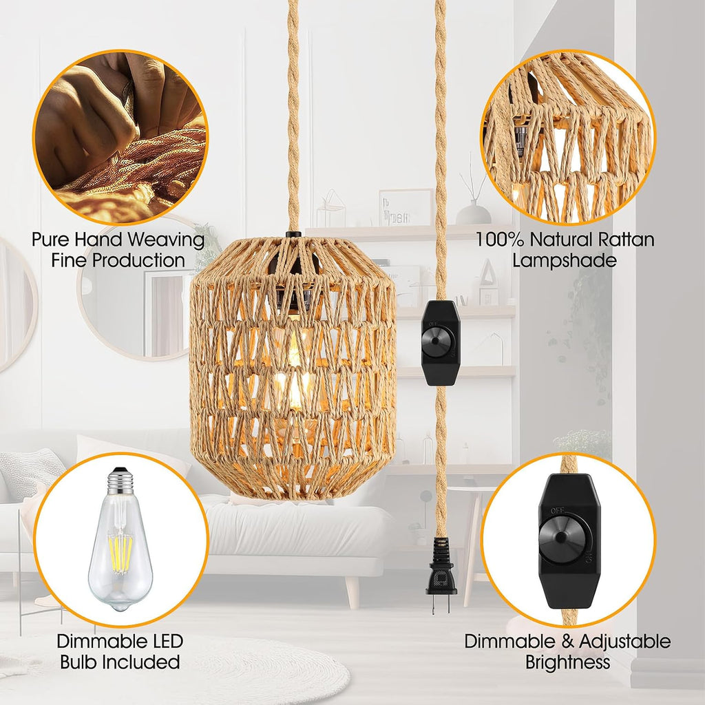 Plug In Pendant Light, 15FT Hemp Rope Cord,Hanging Lights With Plug In Cord Dimmable Rattan Hanging Lamp Wicker Woven Basket Lampshade, Industrial Plug In Ceiling Light Fixture For Kitchen (brown) - Grand Goldman