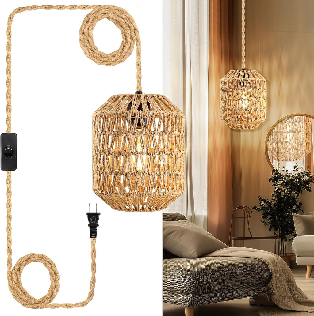 Plug In Pendant Light, 15FT Hemp Rope Cord,Hanging Lights With Plug In Cord Dimmable Rattan Hanging Lamp Wicker Woven Basket Lampshade, Industrial Plug In Ceiling Light Fixture For Kitchen (brown) - Grand Goldman