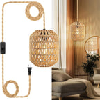 Plug In Pendant Light, 15FT Hemp Rope Cord,Hanging Lights With Plug In Cord Dimmable Rattan Hanging Lamp Wicker Woven Basket Lampshade, Industrial Plug In Ceiling Light Fixture For Kitchen (brown) - Grand Goldman