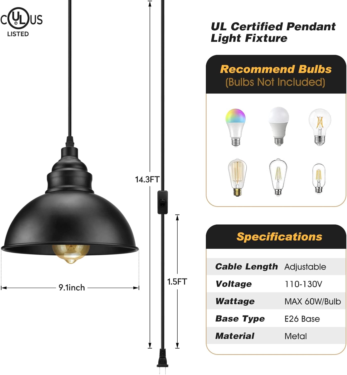 Plug in Pendant Light, 15FT Hanging Lights with Plug in Cord, On/Off Switch, Industrial Pendant Light with Plug in Cord, Metal Hanging Lamps for Living Room, Kitchen, Dining Room, Bedroom - Grand Goldman