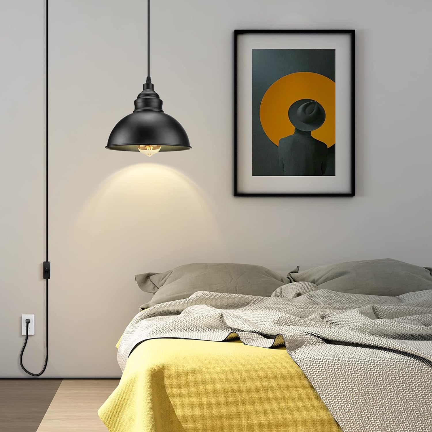 Plug in Pendant Light, 15FT Hanging Lights with Plug in Cord, On/Off Switch, Industrial Pendant Light with Plug in Cord, Metal Hanging Lamps for Living Room, Kitchen, Dining Room, Bedroom - Grand Goldman