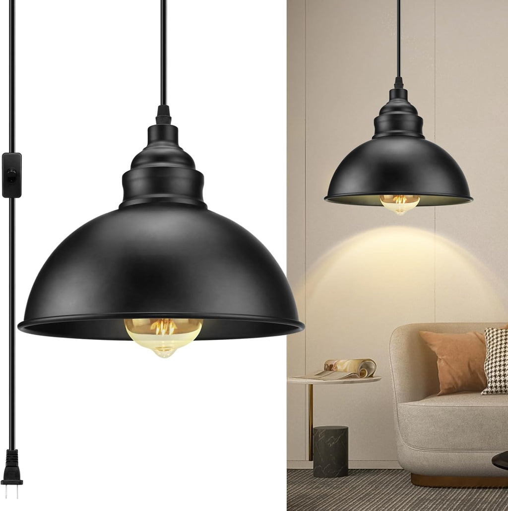 Plug in Pendant Light, 15FT Hanging Lights with Plug in Cord, On/Off Switch, Industrial Pendant Light with Plug in Cord, Metal Hanging Lamps for Living Room, Kitchen, Dining Room, Bedroom - Grand Goldman