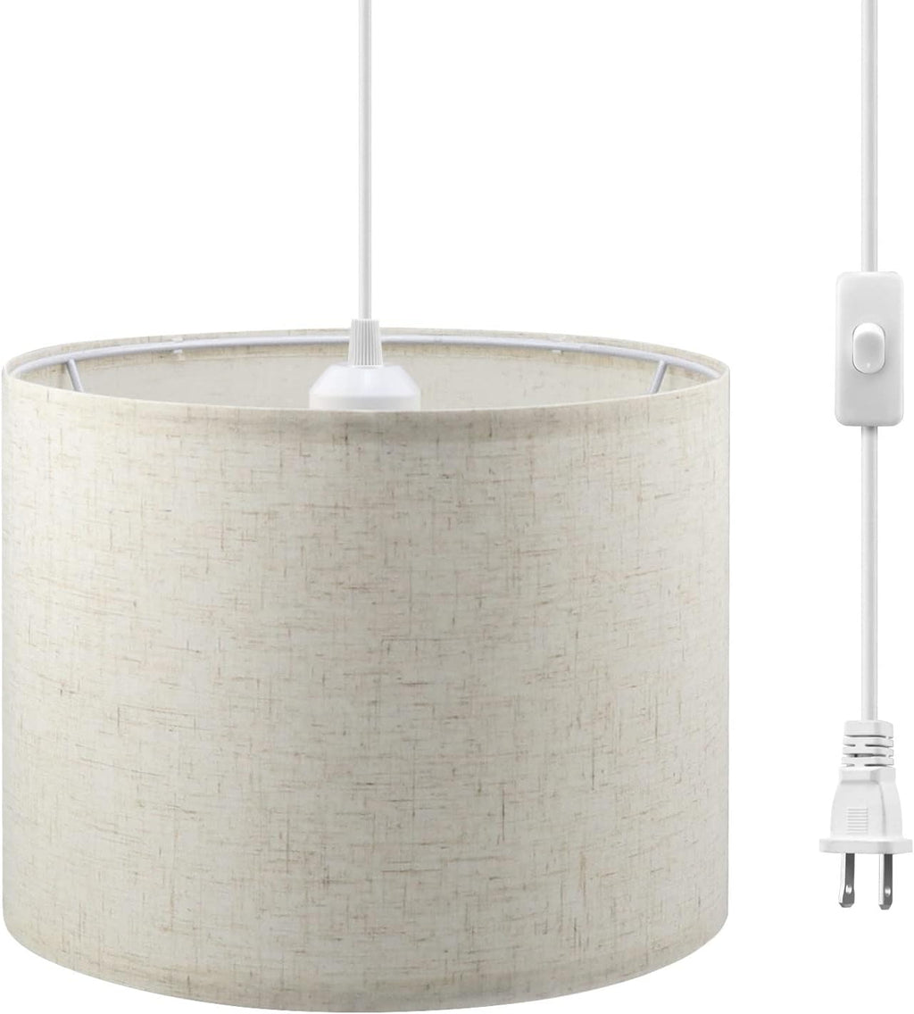 Plug in Pendant Light, 15 FT Hanging Lamp with Plug in Cord, On/Off Switch, Pendant Lighting with Fabric Shade, Hanging Light Fixture for Living Room, Bedroom, Dining Room, Kitchen (Beige) - Grand Goldman