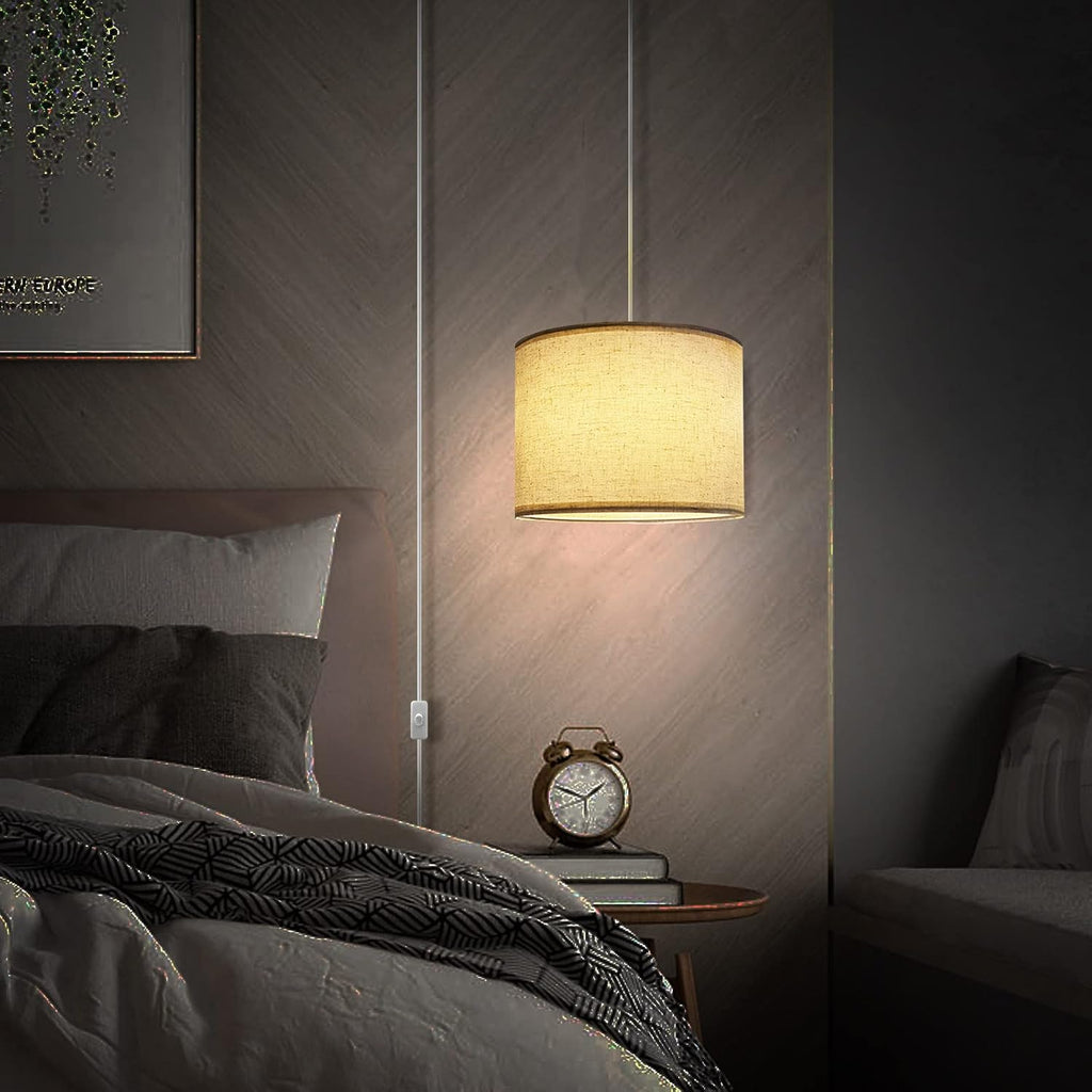 Plug in Pendant Light, 15 FT Hanging Lamp with Plug in Cord, On/Off Switch, Pendant Lighting with Fabric Shade, Hanging Light Fixture for Living Room, Bedroom, Dining Room, Kitchen (Beige) - Grand Goldman