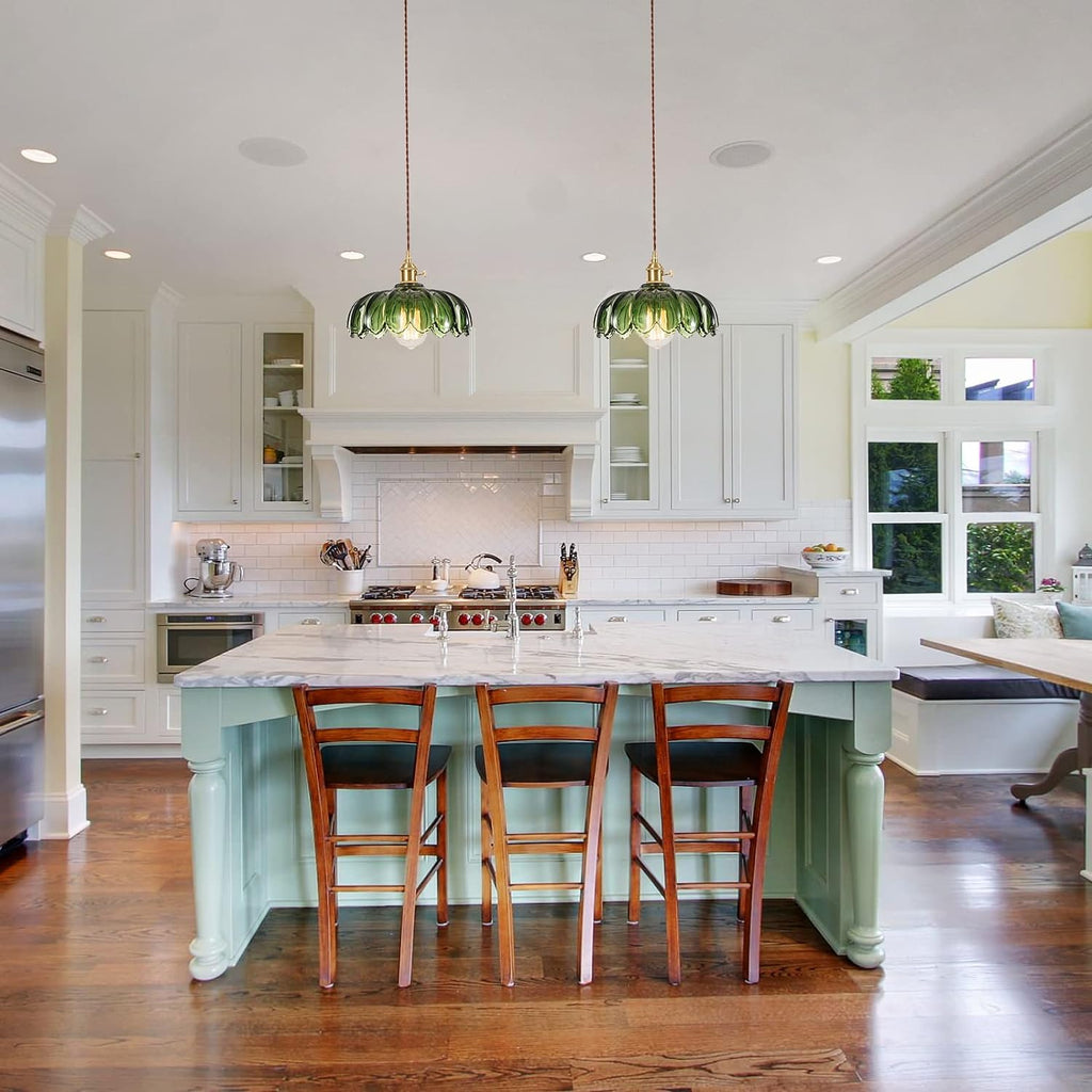 Plug in Pendant Light Fixtures, Hanging Light Fixture Green Glass Pendant Light, Pendant Lighting for Kitchen Island, Bedroom, Dining Room, Living Room, E26 No Bulb - Grand Goldman