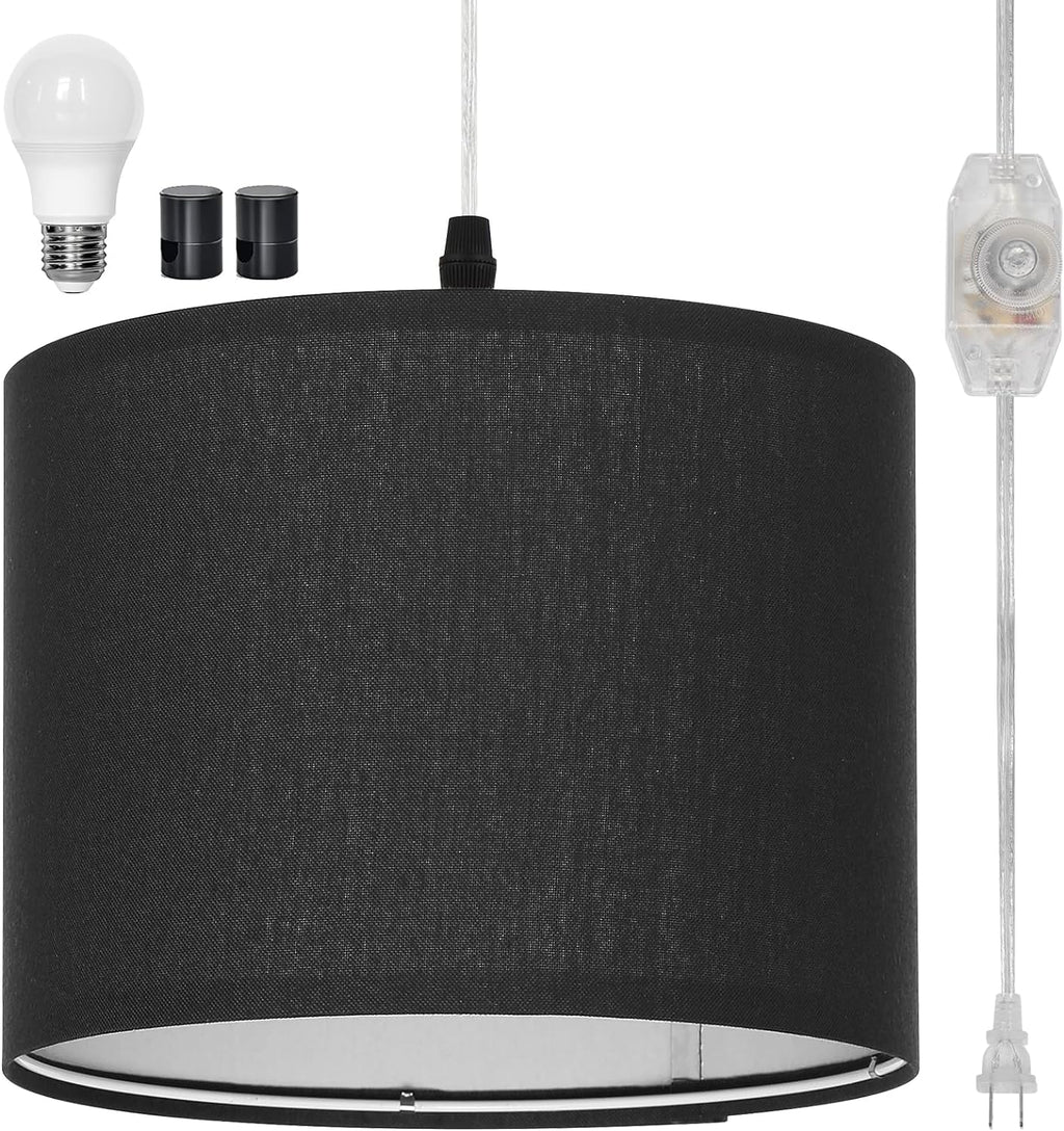 Plug in Pendant Light, Hanging Light with Plug in Cord with Dimmable Switch, Hanging Lamp with 15 ft Clear Cord, Pendant Light Fixture for Bedroom Kitchen Island (Bulb Included) - Grand Goldman