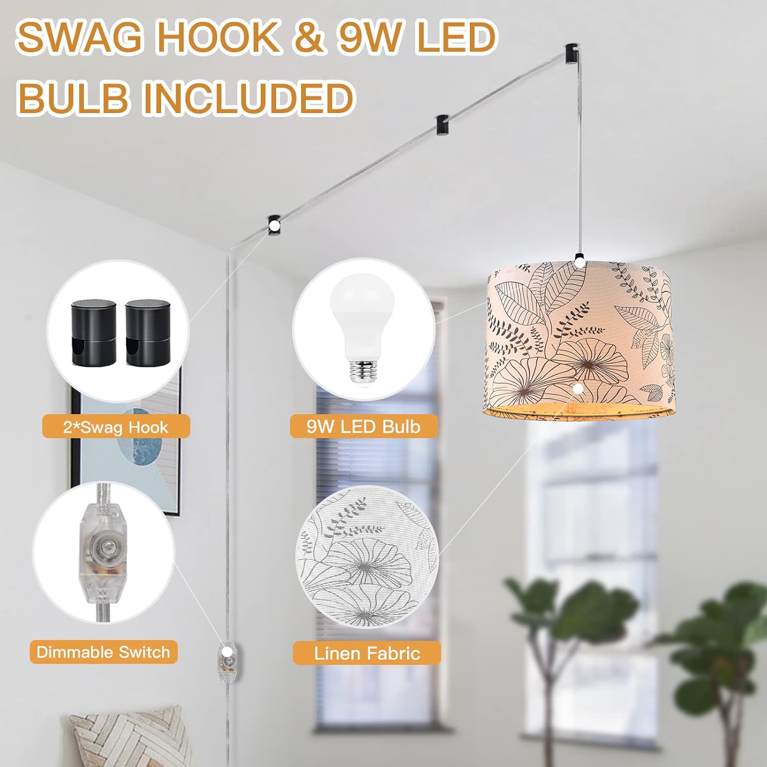 Plug in Pendant Light, Hanging Light with Plug in Cord with Dimmable Switch, Hanging Lamp with 15 ft Clear Cord, Pendant Light Fixture for Bedroom Kitchen Island (Bulb Included) - Grand Goldman