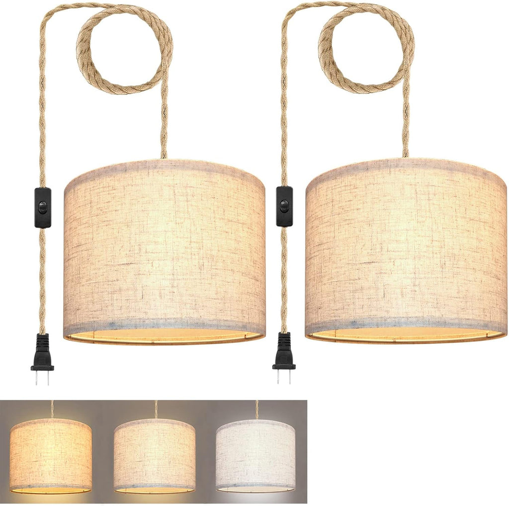 Plug in Pendant Light, Hanging Lights with Plug in Cord, Hanging Lamp with 15ft Hemp Rope, On/Off Switch, Beige Linen Shade, Hanging Light Fixture for Bedroom, Living Room, Dining Table 2 Pack - Grand Goldman