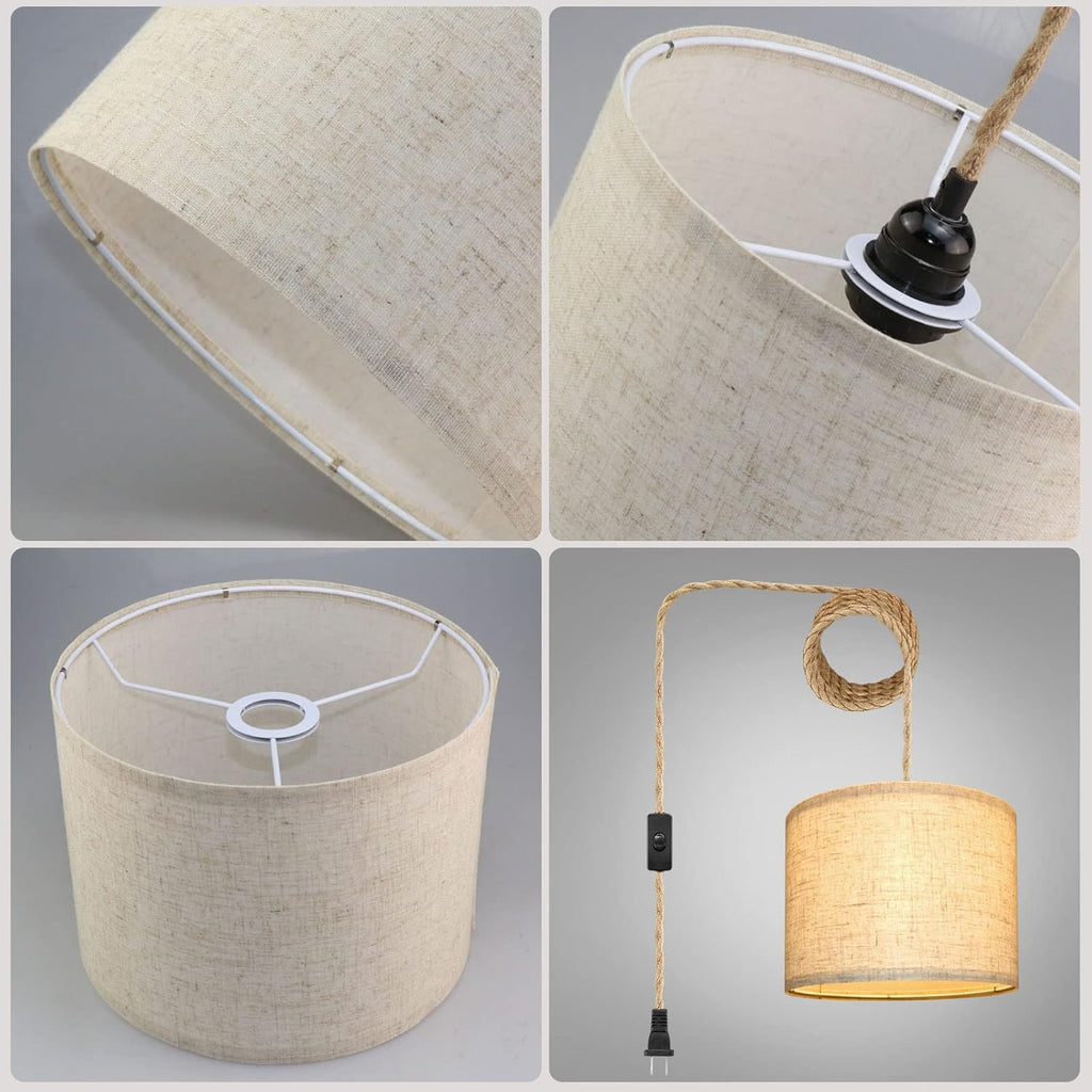 Plug in Pendant Light, Hanging Lights with Plug in Cord, Hanging Lamp with 15ft Hemp Rope, On/Off Switch, Beige Linen Shade, Hanging Light Fixture for Bedroom, Living Room, Dining Table 2 Pack - Grand Goldman
