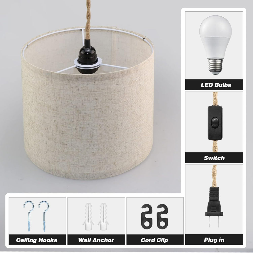 Plug in Pendant Light, Hanging Lights with Plug in Cord, Hanging Lamp with 15ft Hemp Rope, On/Off Switch, Beige Linen Shade, Hanging Light Fixture for Bedroom, Living Room, Dining Table 2 Pack - Grand Goldman