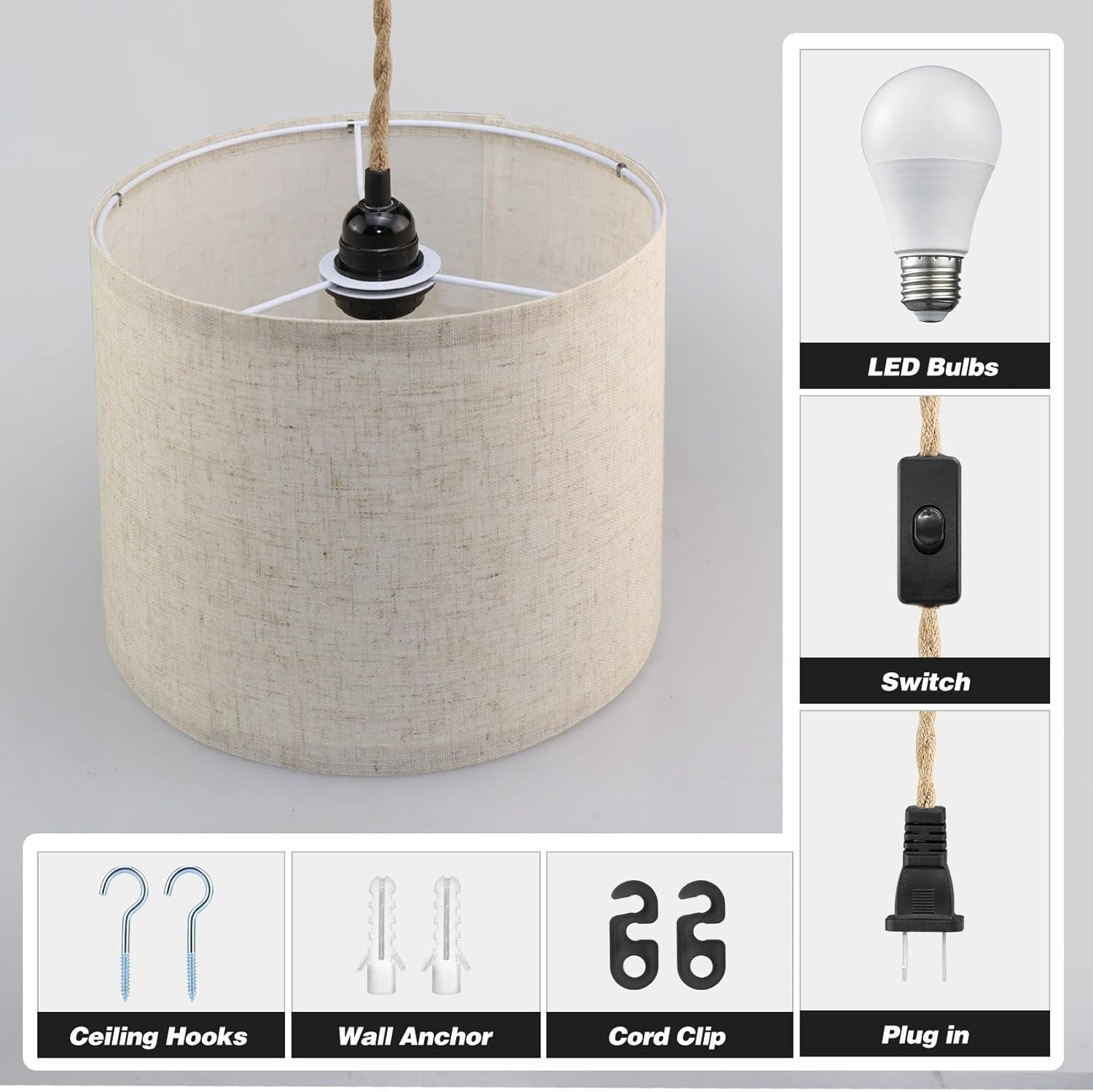 Plug in Pendant Light, Hanging Lights with Plug in Cord, Hanging Lamp with 15ft Hemp Rope, On/Off Switch, Beige Linen Shade, Hanging Light Fixture for Bedroom, Living Room, Dining Table 2 Pack - Grand Goldman