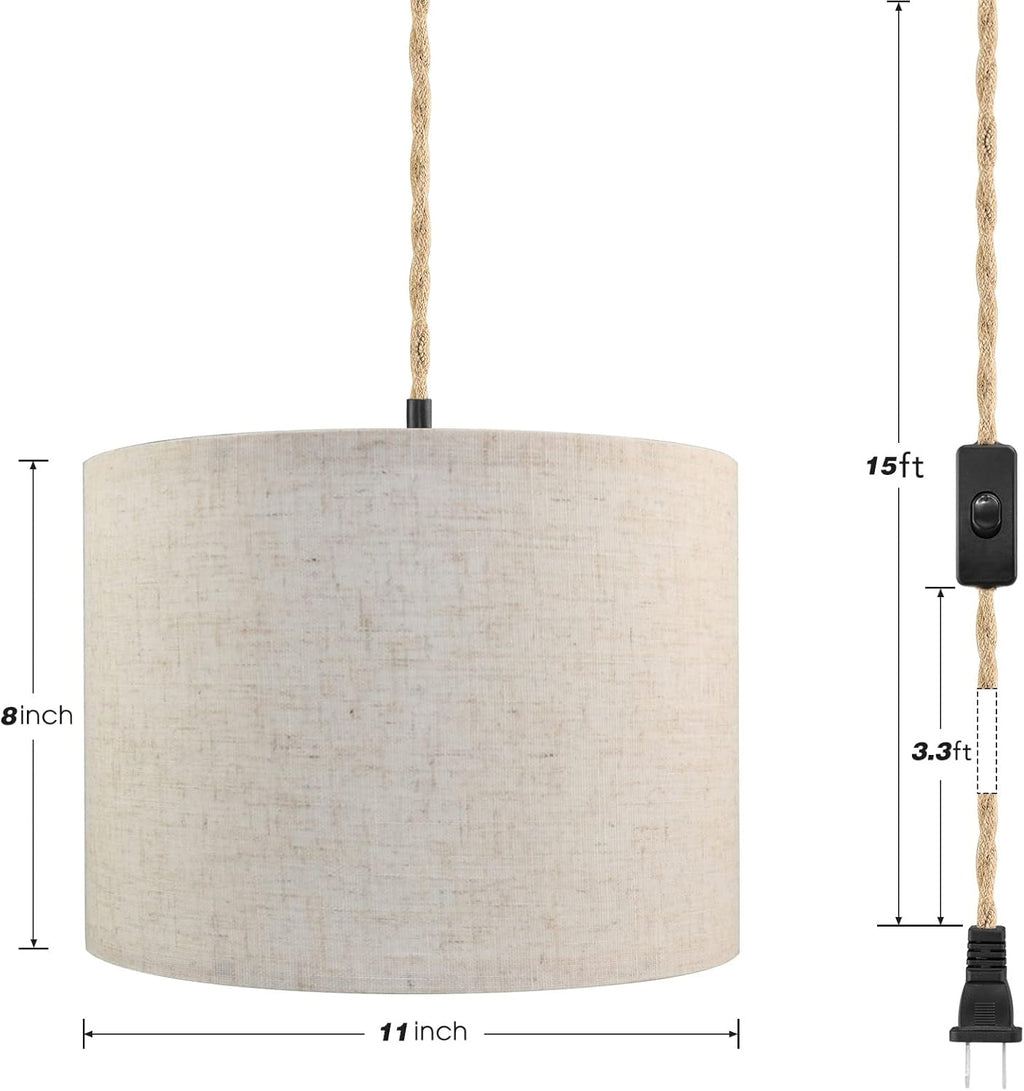 Plug in Pendant Light, Hanging Lights with Plug in Cord, Hanging Lamp with 15ft Hemp Rope, On/Off Switch, Beige Linen Shade, Hanging Light Fixture for Bedroom, Living Room, Dining Table 2 Pack - Grand Goldman