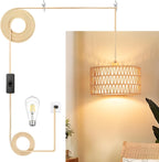 Plug in Pendant Light Rattan Hanging Lamp, Boho Hanging Lights with Paper Woven & Fabric 2 in 1 Shade, 3-Way Dimmable Bulb Included, Ceiling Light Fixture for Living Room,Bedroom,Farmhouse - Grand Goldman