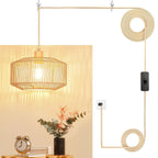 Plug in Pendant Light Rattan Hanging Lamp, Boho Hanging Lights with Paper Woven & Fabric 2 in 1 Shade, 3-Way Dimmable Bulb Included, Ceiling Light Fixture for Living Room,Bedroom,Farmhouse - Grand Goldman
