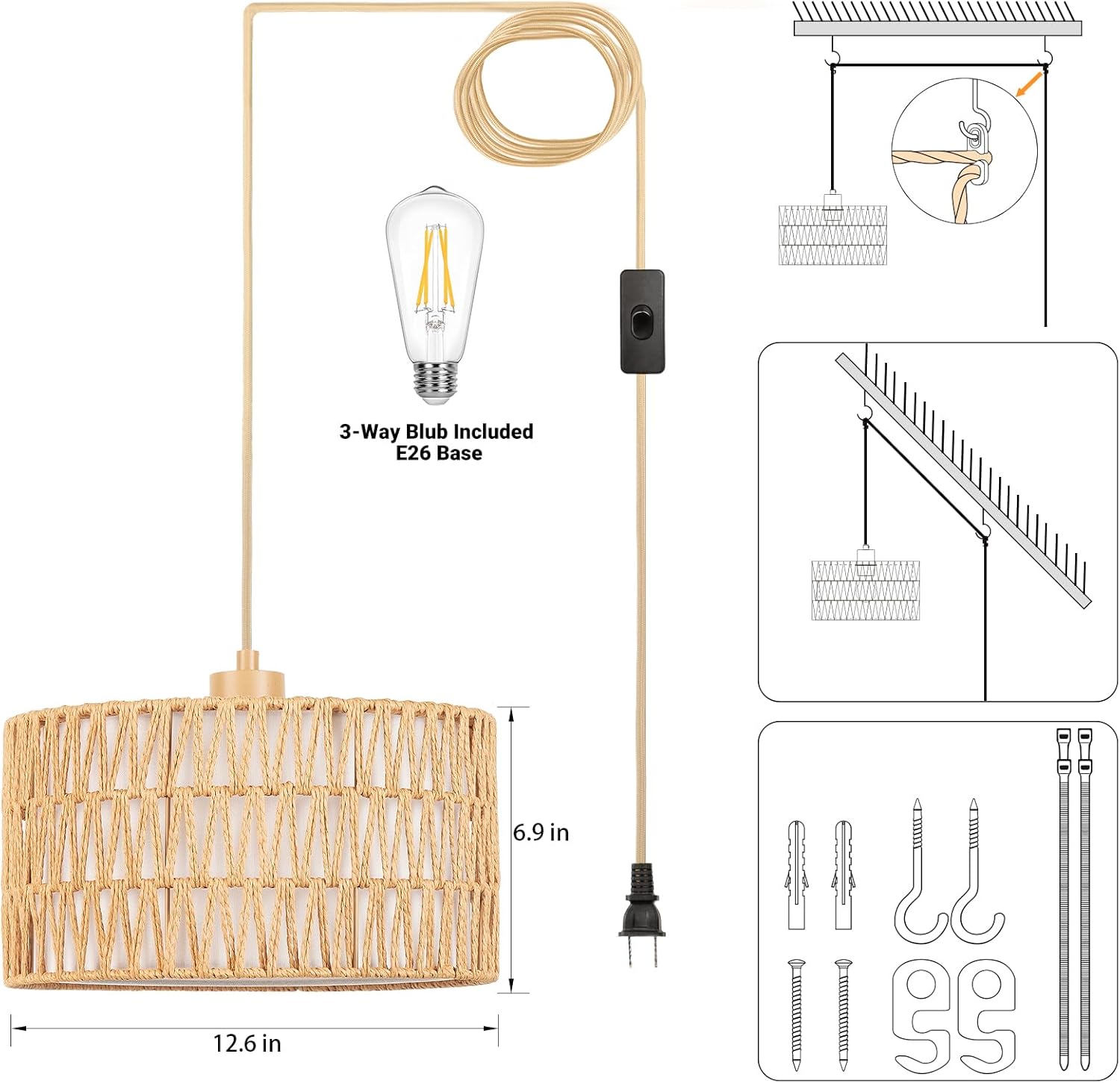 Plug in Pendant Light Rattan Hanging Lamp, Boho Hanging Lights with Paper Woven & Fabric 2 in 1 Shade, 3-Way Dimmable Bulb Included, Ceiling Light Fixture for Living Room,Bedroom,Farmhouse - Grand Goldman