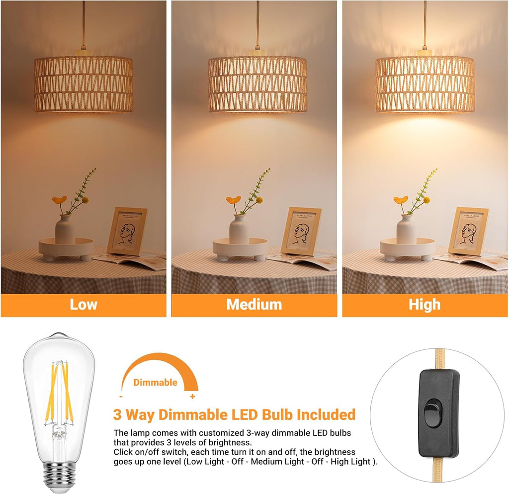 Plug in Pendant Light Rattan Hanging Lamp, Boho Hanging Lights with Paper Woven & Fabric 2 in 1 Shade, 3-Way Dimmable Bulb Included, Ceiling Light Fixture for Living Room,Bedroom,Farmhouse - Grand Goldman
