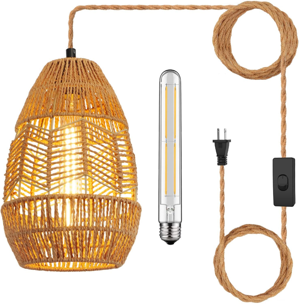 Plug in Pendant Light Rattan Hanging Lights with Plug in Cord 15FT Hemp Rope Cord, Dimmable Switch – Indoor Hanging Lamps for Boho Living Room Bedroom（Bulb Included） 11 x 7 inch - Grand Goldman