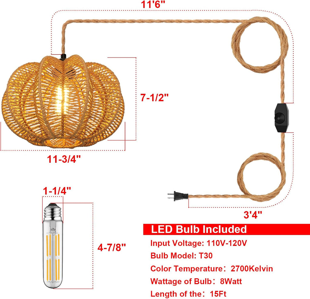 Plug in Pendant Light Rattan Hanging Lights with Plug in Cord 15FT Hemp Rope Cord, Dimmable Switch – Indoor Hanging Lamps for Boho Living Room Bedroom（Bulb Included） 11 x 7 inch - Grand Goldman