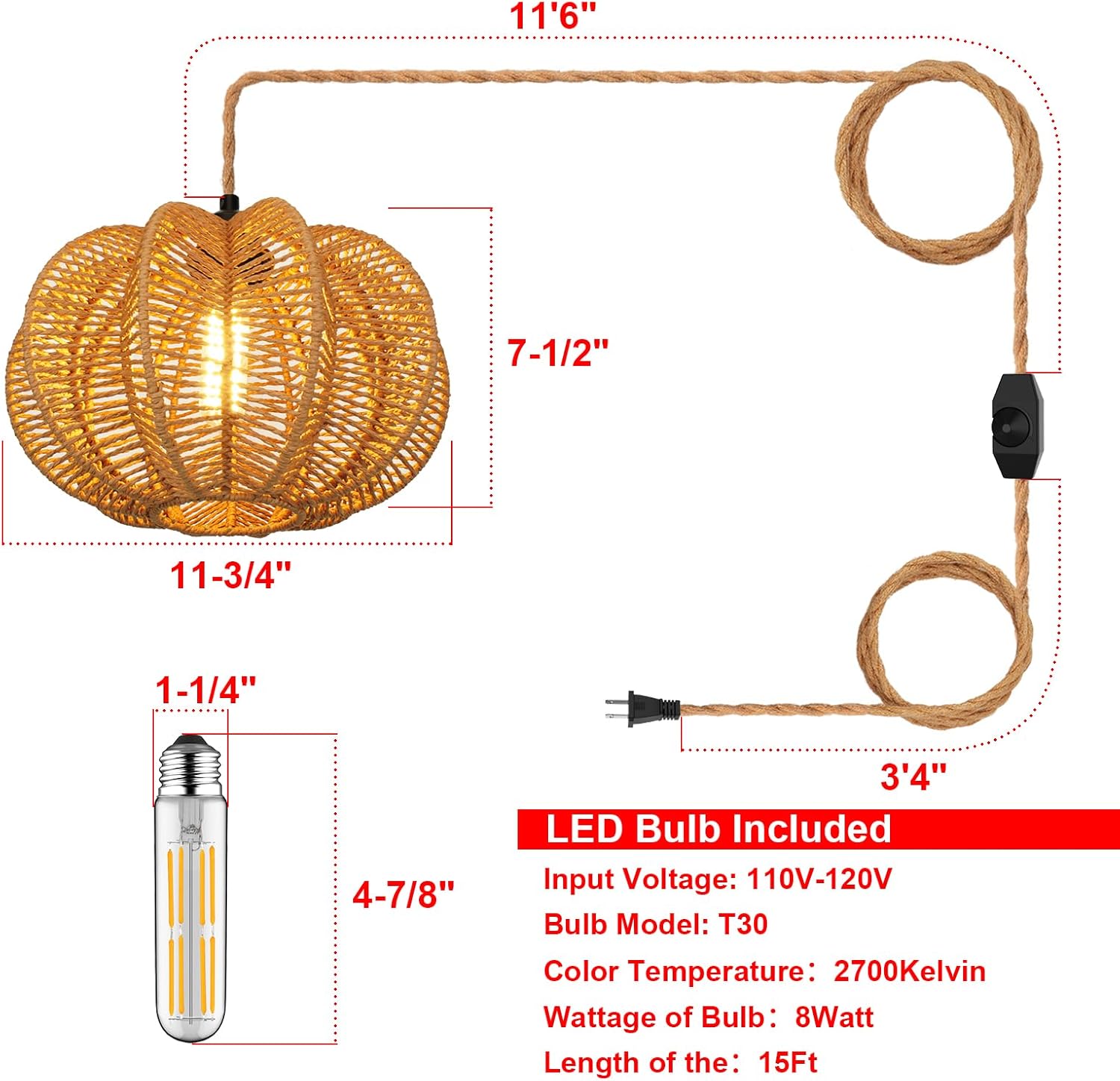 Plug in Pendant Light Rattan Hanging Lights with Plug in Cord 15FT Hemp Rope Cord, Dimmable Switch – Indoor Hanging Lamps for Boho Living Room Bedroom（Bulb Included） 11 x 7 inch - Grand Goldman