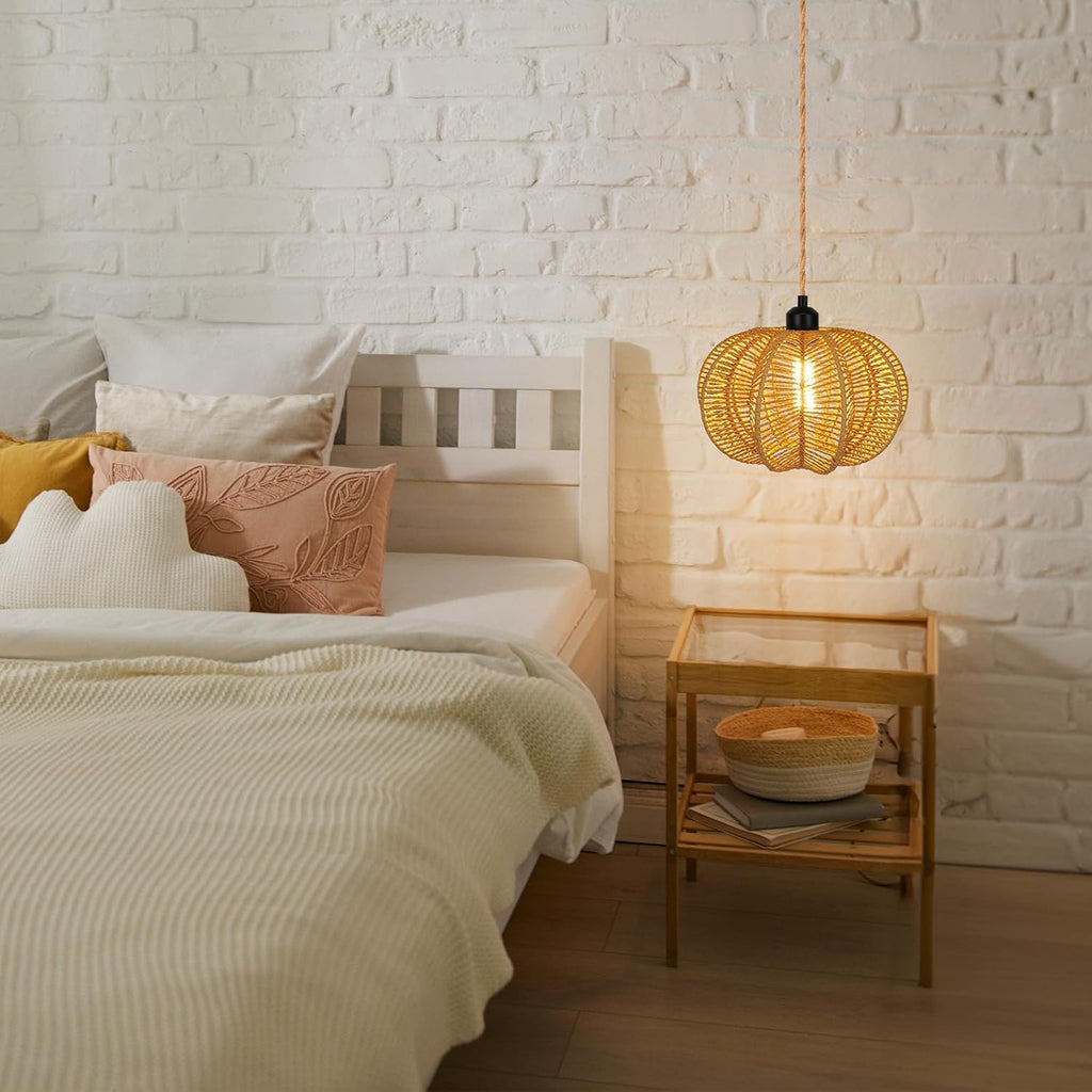 Plug in Pendant Light Rattan Hanging Lights with Plug in Cord 15FT Hemp Rope Cord, Dimmable Switch – Indoor Hanging Lamps for Boho Living Room Bedroom（Bulb Included） 11 x 7 inch - Grand Goldman