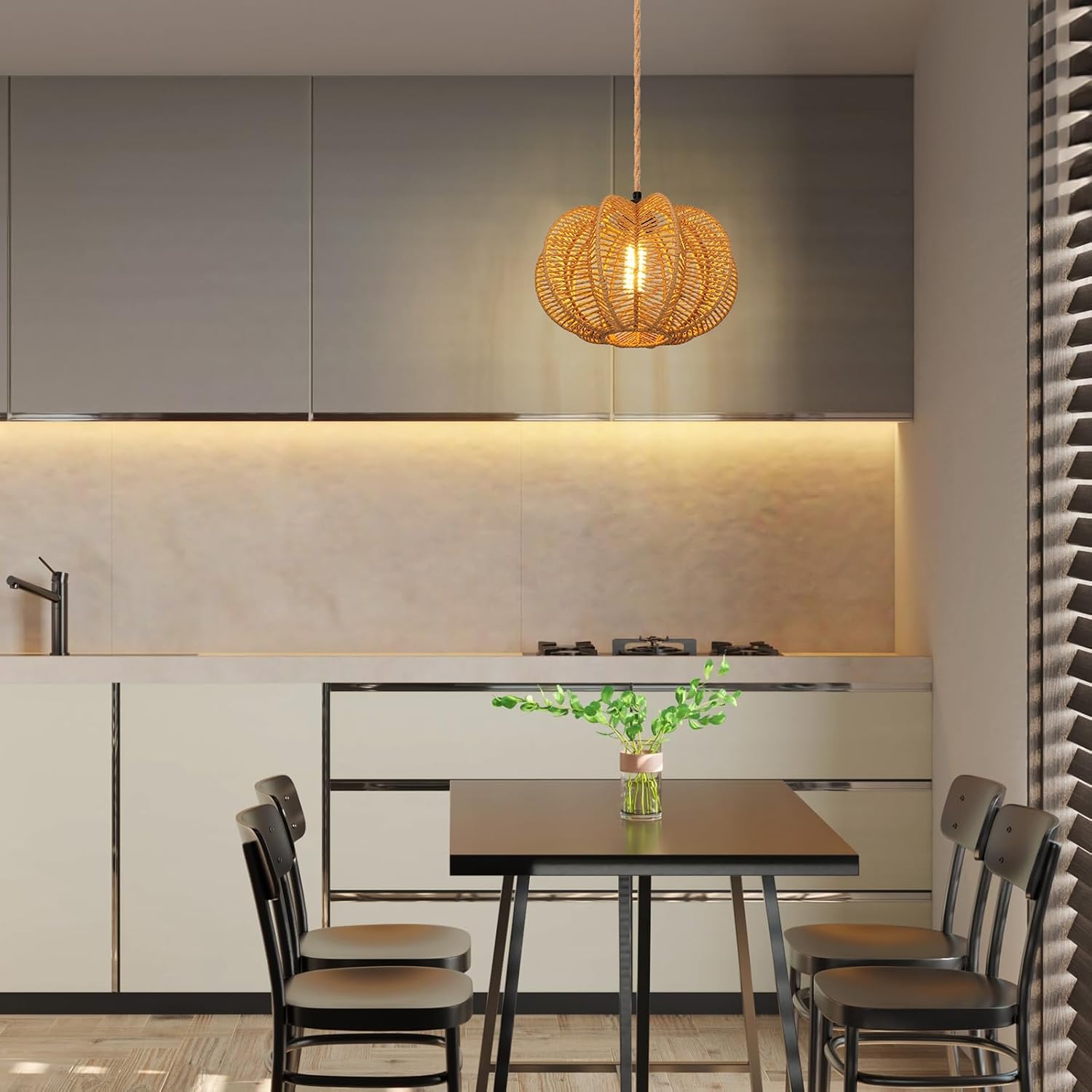 Plug in Pendant Light Rattan Hanging Lights with Plug in Cord 15FT Hemp Rope Cord, Dimmable Switch – Indoor Hanging Lamps for Boho Living Room Bedroom（Bulb Included） 11 x 7 inch - Grand Goldman