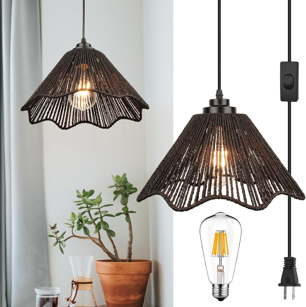 Plug in Pendant Light Rattan Hanging Lights with Plug in Cord 15FT Hemp Rope Cord, Dimmable Switch – Indoor Hanging Lamps for Boho Living Room Bedroom（Bulb Included） 11 x 7 inch - Grand Goldman