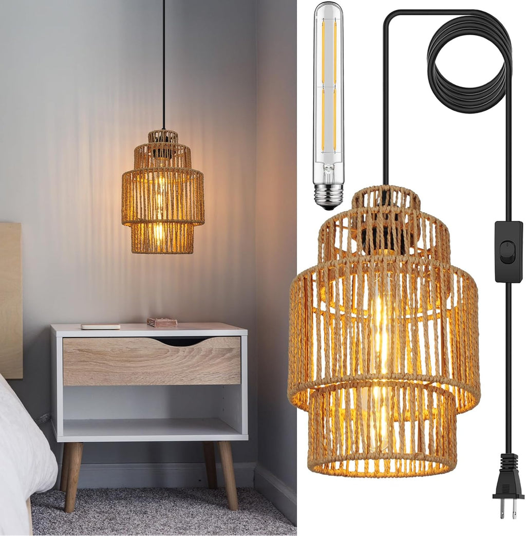 Plug in Pendant Light Rattan Hanging Lights with Plug in Cord 15FT Hemp Rope Cord, Dimmable Switch – Indoor Hanging Lamps for Boho Living Room Bedroom（Bulb Included） 11 x 7 inch - Grand Goldman
