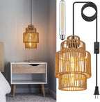 Plug in Pendant Light Rattan Hanging Lights with Plug in Cord 15FT Hemp Rope Cord, Dimmable Switch – Indoor Hanging Lamps for Boho Living Room Bedroom（Bulb Included） 11 x 7 inch - Grand Goldman
