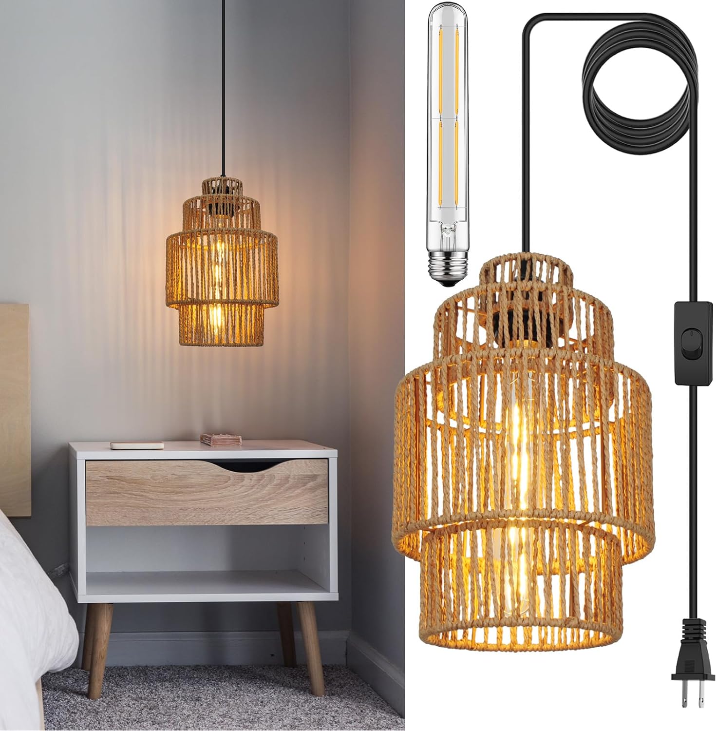 Plug in Pendant Light Rattan Hanging Lights with Plug in Cord 15FT Hemp Rope Cord, Dimmable Switch – Indoor Hanging Lamps for Boho Living Room Bedroom（Bulb Included） 11 x 7 inch - Grand Goldman