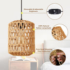 Plug in Pendant Light, Rattan Hanging Lights with Plug in Cord 15ft Dimmable Cord, Hand Woven Wicker Lampshade Hanging Lamp, Boho Plug in Hanging Ceiling Light Fixture for Farmhouse Bedroom - Grand Goldman