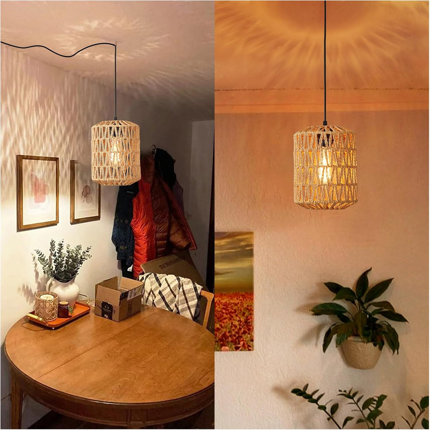 Plug in Pendant Light, Rattan Hanging Lights with Plug in Cord 15ft Dimmable Cord, Hand Woven Wicker Lampshade Hanging Lamp, Boho Plug in Hanging Ceiling Light Fixture for Farmhouse Bedroom - Grand Goldman