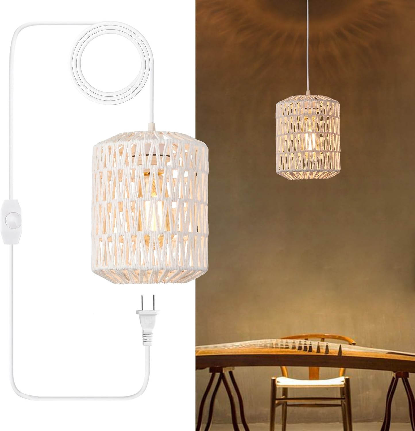 Plug in Pendant Light, Rattan Hanging Lights with Plug in Cord 15ft Dimmable Cord, Hand Woven Wicker Lampshade Hanging Lamp, Boho Plug in Hanging Ceiling Light Fixture for Farmhouse Bedroom - Grand Goldman