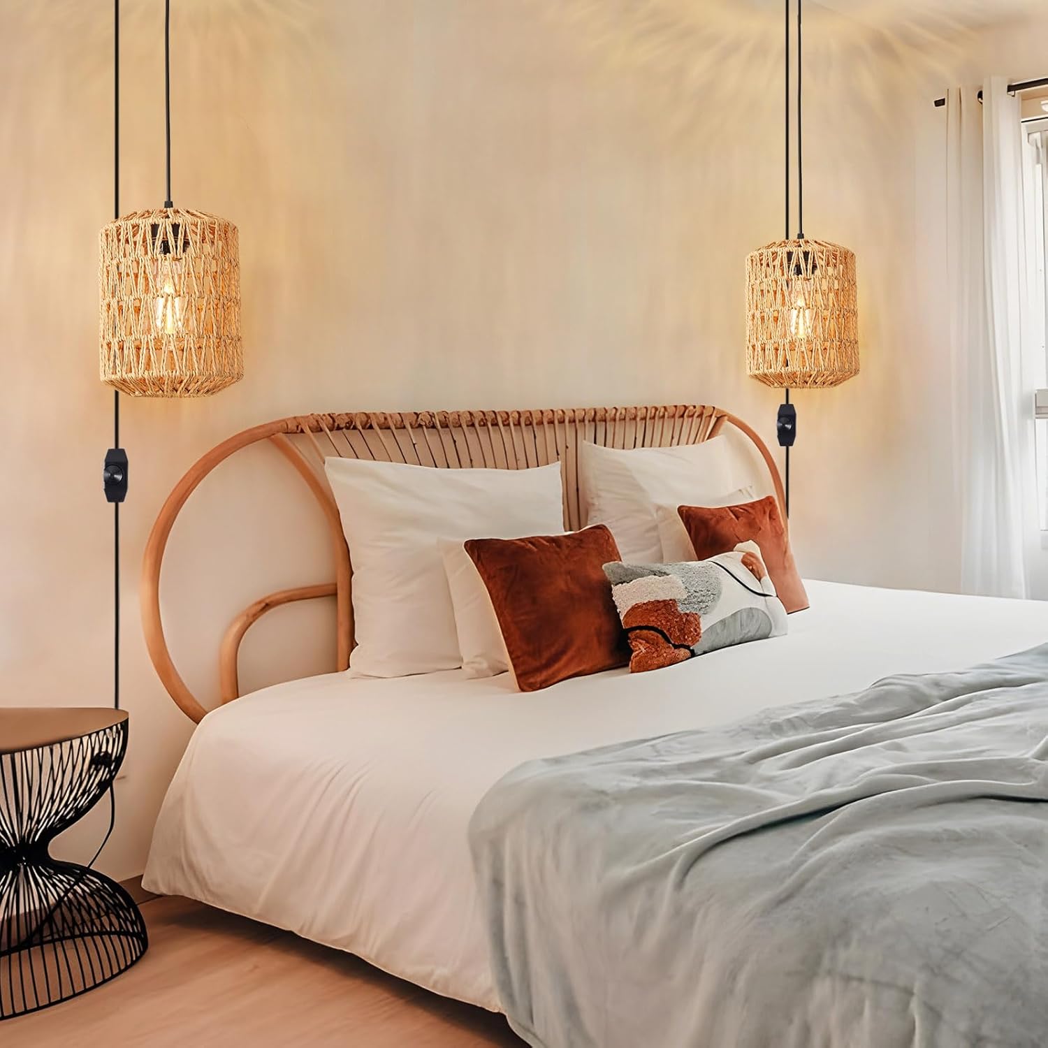 Plug in Pendant Light, Rattan Hanging Lights with Plug in Cord 15ft Dimmable Cord, Hand Woven Wicker Lampshade Hanging Lamp, Boho Plug in Hanging Ceiling Light Fixture for Farmhouse Bedroom - Grand Goldman