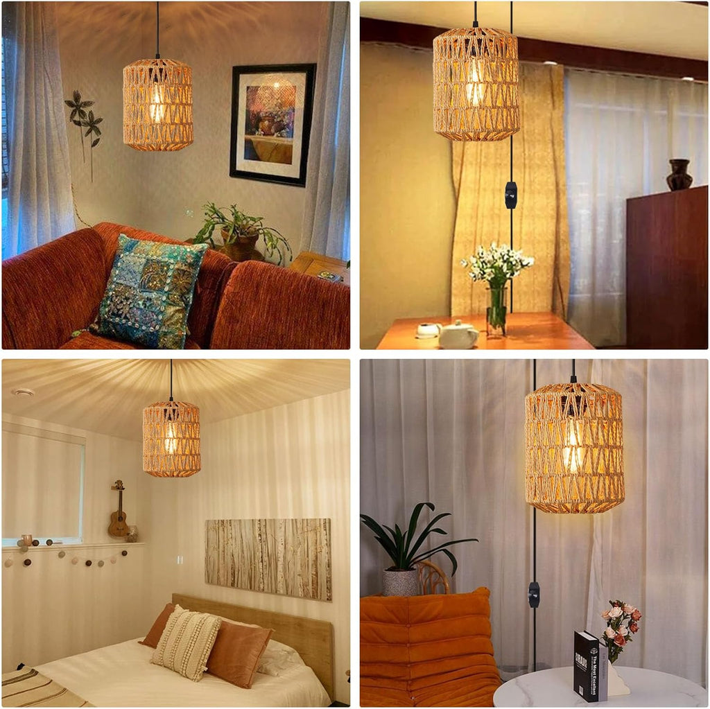 Plug in Pendant Light, Rattan Hanging Lights with Plug in Cord 15ft Dimmable Cord, Hand Woven Wicker Lampshade Hanging Lamp, Boho Plug in Hanging Ceiling Light Fixture for Farmhouse Bedroom - Grand Goldman