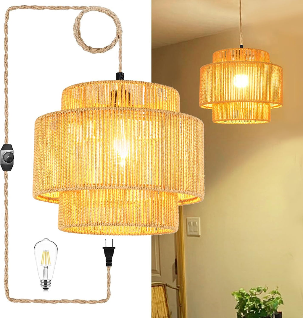 Plug in Pendant Light Rattan Hanging Lights with Plug in Cord Bamboo Hanging Lamp Dimmable,Handmade Woven Boho Wicker Basket Lamp Shade,Plug in Ceiling Light Fixture for Living Room Bedroom Kitchen - Grand Goldman