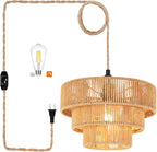 Plug in Pendant Light Rattan Hanging Lights with Plug in Cord Bamboo Hanging Lamp Dimmable,Handmade Woven Boho Wicker Basket Lamp Shade,Plug in Ceiling Light Fixture for Living Room Bedroom Kitchen - Grand Goldman