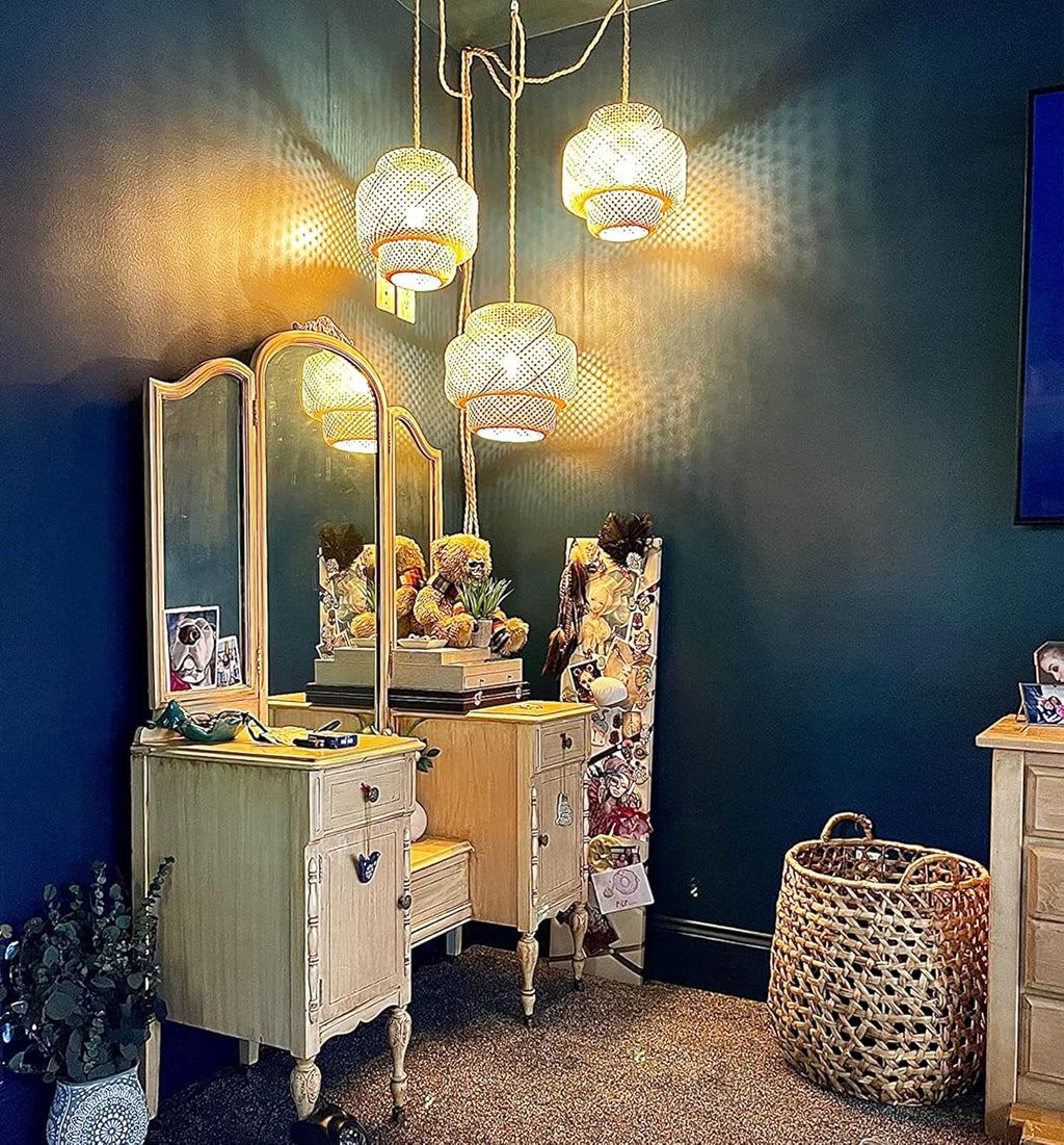 Plug in Pendant Light Rattan Hanging Lights with Plug in Cord Bamboo Hanging Lamp Dimmable,Handmade Woven Boho Wicker Basket Lamp Shade,Plug in Ceiling Light Fixture for Living Room Bedroom Kitchen - Grand Goldman