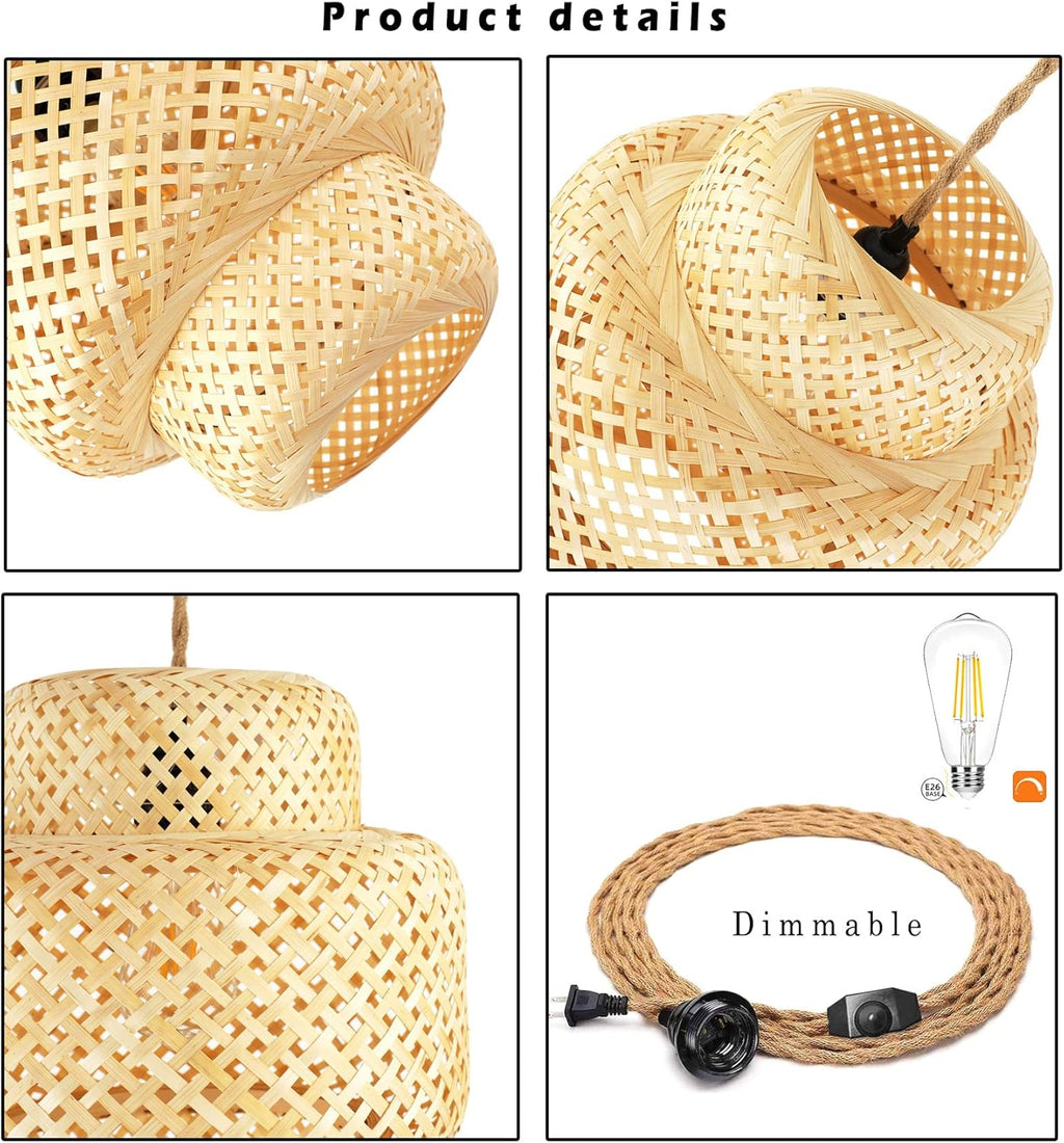 Plug in Pendant Light Rattan Hanging Lights with Plug in Cord Bamboo Hanging Lamp Dimmable,Handmade Woven Boho Wicker Basket Lamp Shade,Plug in Ceiling Light Fixture for Living Room Bedroom Kitchen - Grand Goldman