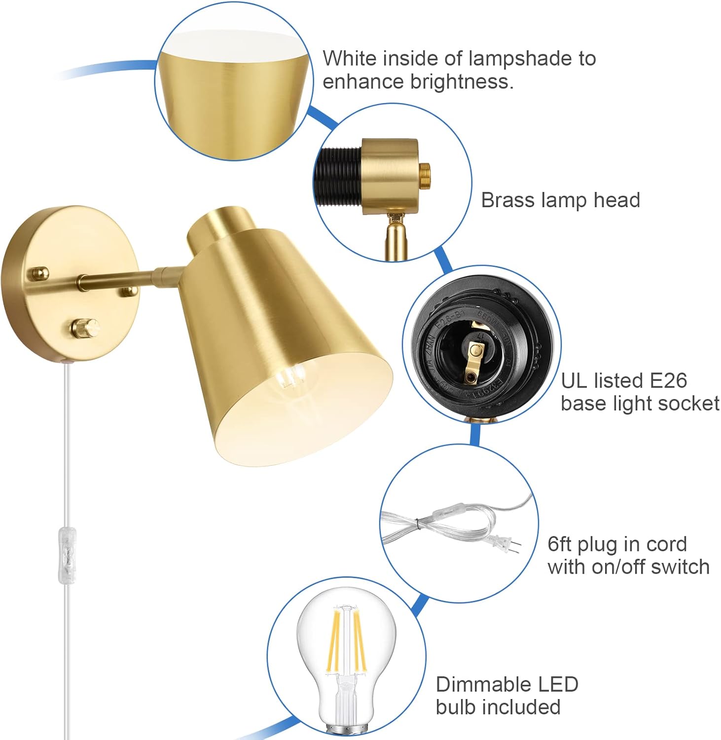 Plug in Wall Sconces, Dimmable Wall Sconces Adjustable Angle Wall Lights with Plug in Cord and Dimmer On/Off Knob Switch, Gold Wall Mounted Light for Bedroom Bedside Stairway(2 Pack, 2 Bulbs) - Grand Goldman