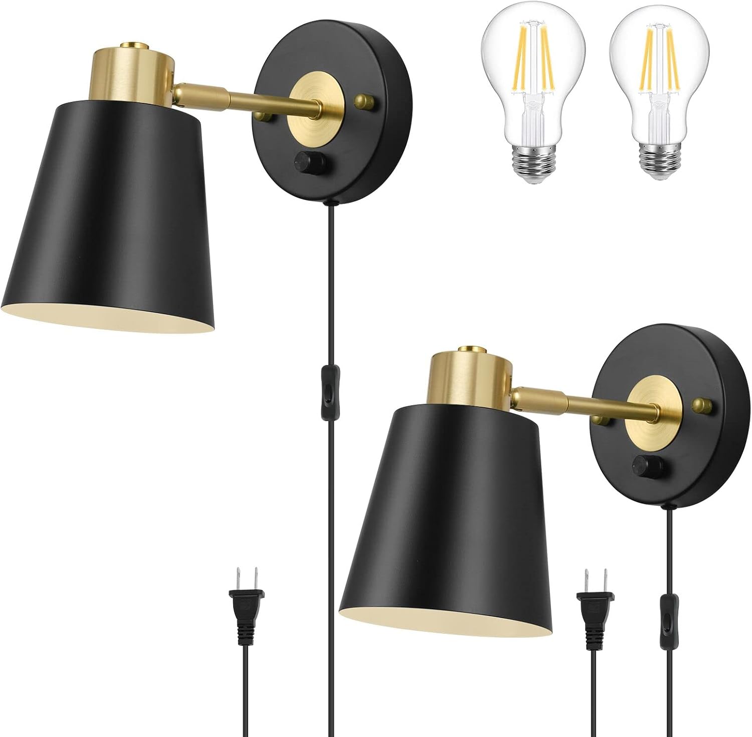 Plug in Wall Sconces, Dimmable Wall Sconces Adjustable Angle Wall Lights with Plug in Cord and Dimmer On/Off Knob Switch, Gold Wall Mounted Light for Bedroom Bedside Stairway(2 Pack, 2 Bulbs) - Grand Goldman