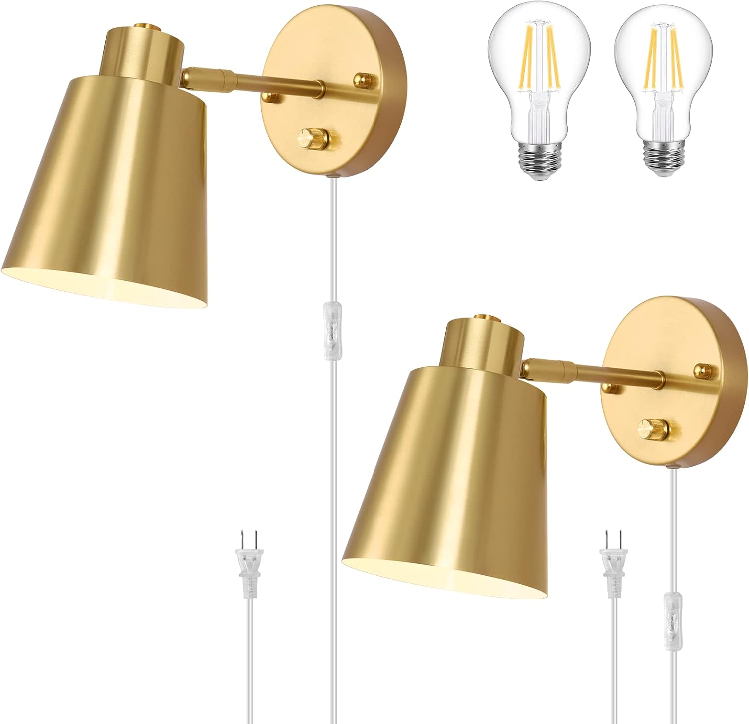 Plug in Wall Sconces, Dimmable Wall Sconces Adjustable Angle Wall Lights with Plug in Cord and Dimmer On/Off Knob Switch, Gold Wall Mounted Light for Bedroom Bedside Stairway(2 Pack, 2 Bulbs) - Grand Goldman