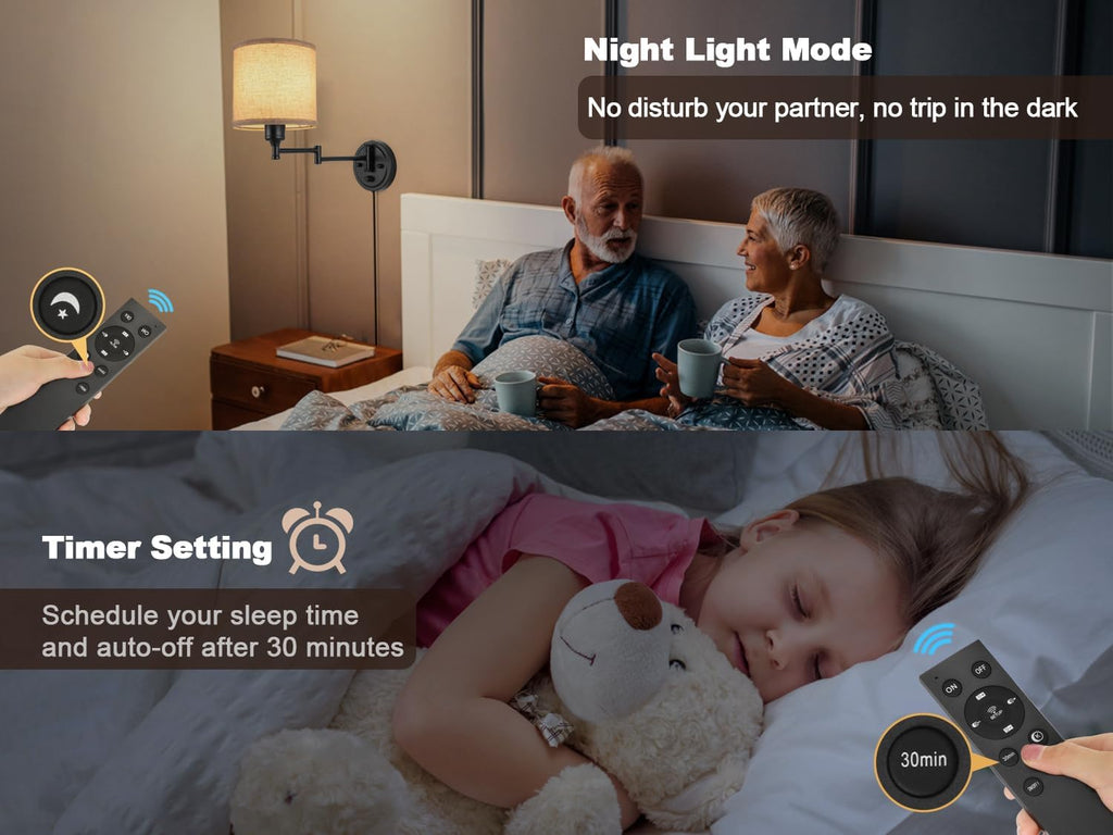 Plug in Wall Sconces with Remote Control, Dimming 10%-100% & Adjustable Colors 2700K-6500K, Hardwire or Plug-in, Swing Arm Wall Lamp with Linen Fabric Shade, Wall Sconces Set of Two, Black Finish - Grand Goldman