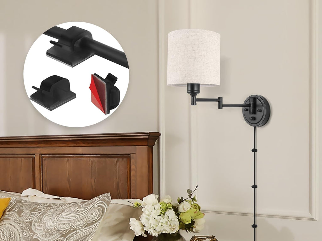 Plug in Wall Sconces with Remote Control, Dimming 10%-100% & Adjustable Colors 2700K-6500K, Hardwire or Plug-in, Swing Arm Wall Lamp with Linen Fabric Shade, Wall Sconces Set of Two, Black Finish - Grand Goldman
